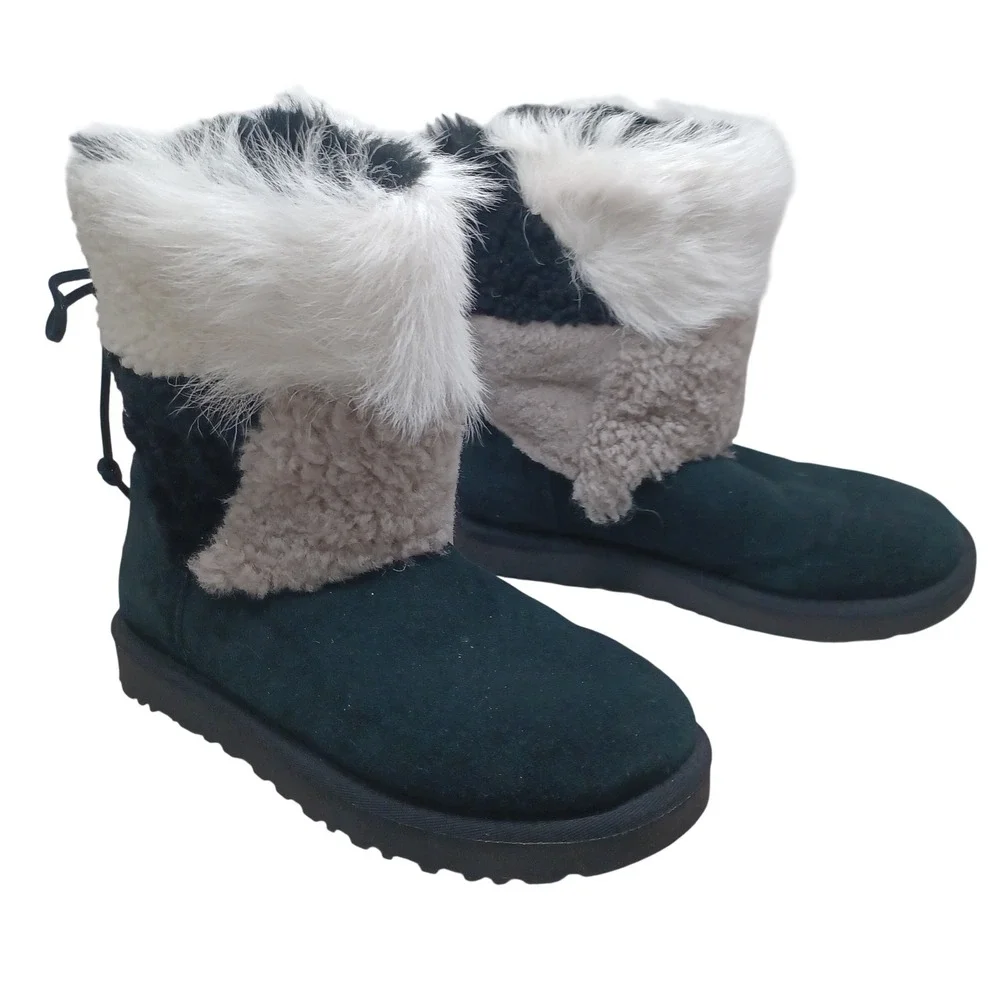 UGG Australia Women Black Suede Mixed Faux Fur Lace Up Back Boots US 8